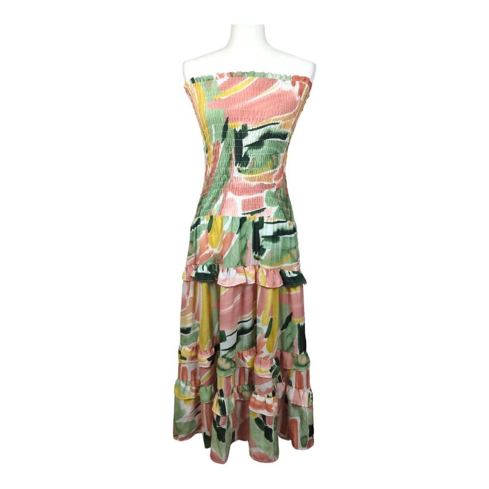 Luxxel Maxi Dress Size‎ Small watercolor tie-dyed Strapless Ruffle Tiered